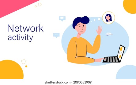 Network activity landing page template. People communicate using social networks. Vector illustration of communication via the internet, video, news, social networks, messages, website.
