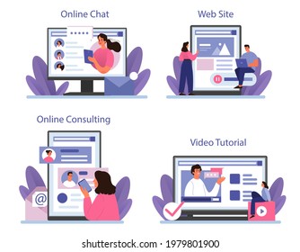 Network activity online service or platform set. Using network for posting and sharing content, global comunication idea. Online chat, video tutorial, consultation, website. Vector flat illustration