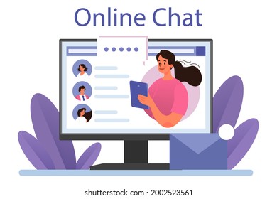 Network activity online service or platform. Using network for posting and sharing content, global comunication idea. Online chat. Vector flat illustration