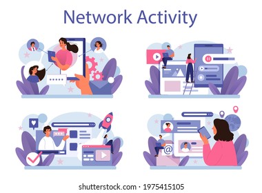 Network activity set. Customer attention and business communication monitoring and optimization. Using network for posting and sharing content, global comunication idea. Vector flat illustration