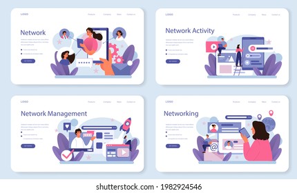 Network activity web banner or landing page set. Customer attention monitoring and optimization. Using network for posting and sharing content, global comunication idea. Vector flat illustration