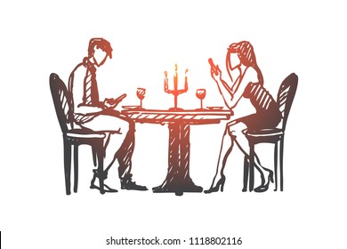 Network addicted concept. Hand drawn young couple in a cafe pay more attention to their phones than each other isolated vector illustration. Isolated vector illustration.
