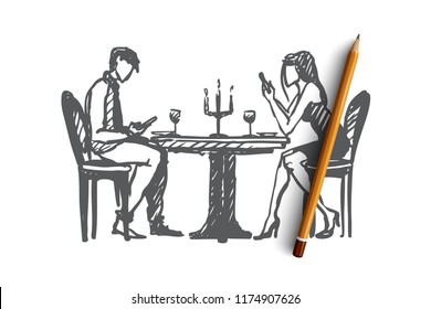 Network addicted concept. Hand drawn young couple in a cafe pay more attention to their phones than each other isolated vector illustration. Isolated vector illustration.