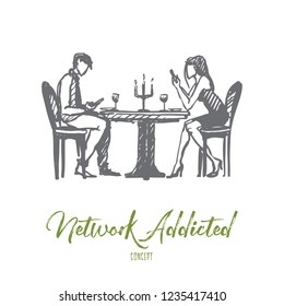 Network addicted concept. Hand drawn young couple in a cafe pay more attention to their phones than each other isolated vector illustration. Isolated vector illustration.