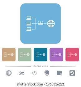 Network address translation white flat icons on color rounded square backgrounds. 6 bonus icons included