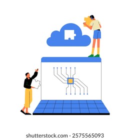 Network Administration With Male And Female Characters Collaborating On Cloud Puzzle In Flat Vector Illustration About IT Management, Teamwork, And Technology, Isolated On White Background