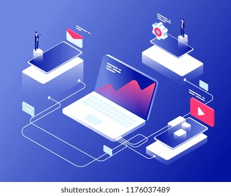 Network and affiliate marketing concept. Referral programs business clients recommendation. Internet revenue isometric background. Affiliate management internet line illustration