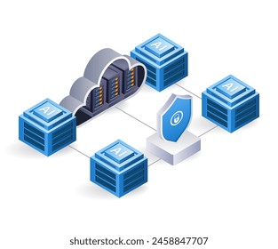 Network AI cloud server technology system, infographic 3d illustration flat isometric