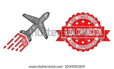 Network air liner icon, and Global Communication dirty ribbon stamp seal. Red stamp contains Global Communication caption inside ribbon.Geometric hatched frame flat net based on air liner icon,