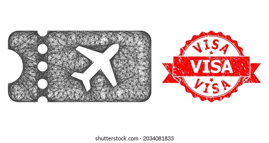 Network air ticket icon, and Visa rubber ribbon seal. Red stamp seal includes Visa title inside ribbon.Geometric hatched carcass 2D network based on air ticket icon, generated from intersected lines.