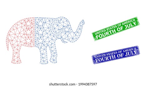 Network american democratic elephant image, and United States of America Fourth of July blue and green rectangle rubber stamp seals.