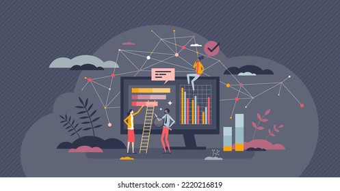 Network analytics and identify data amount statistics tiny person concept. Collect big volume of information from data mining to identify trends and patterns vector illustration. Analysis automation.