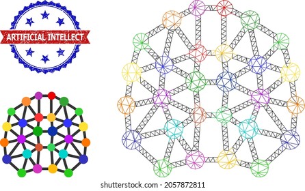 Network artificial brain carcass illustration, and bicolor grunge Artificial Intellect stamp. Mesh carcass symbol designed with artificial brain pictogram.