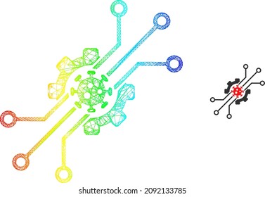 Netzwerk künstliche Vektorgrafik mit Regenbogenverlauf. Farbige Karkasse Netzwerk künstlichen Virus Symbol. Flacher Schlachtkörper, der aus künstlichen Virussymbolen und Kreuzungslinien hergestellt wurde.