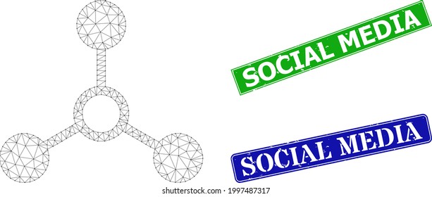 Network atom links image, and Social Media blue and green rectangular rubber stamps. Polygonal carcass image designed with atom links pictogram.