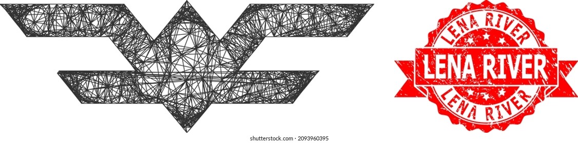 Icono de símbolo de la aviación de red y sello de timbre de cinta rasgada del río Lena. Sello de sello rojo incluye la etiqueta del río Lena dentro de la cinta. Red geométrica del marco de alambre 2D basada en el icono del símbolo de la aviación,