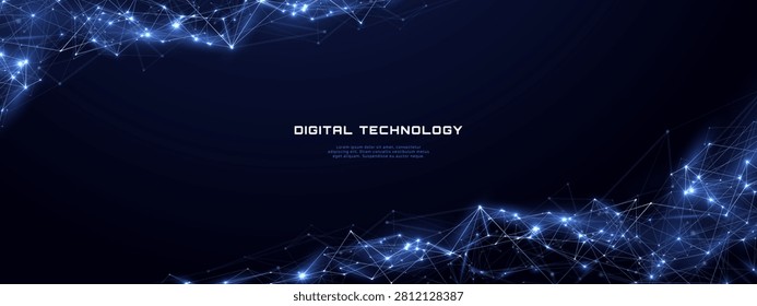 Network Background With Abstract Digital Frame, Connected Data Nodes, Blue Polygon Lines and Bright Mesh. Technology Banner for AI, Cloud Infrastructure, Big Data and Communication.