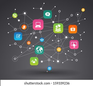 Network background with nodes and social media, communication icons . File is saved in AI10 EPS version. This illustration contains a transparency   