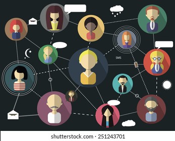 Network background with people, relationships and communication in the flat style.