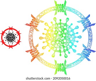 Netzwerk gegrillte Coronavirus Zone Symbol mit Regenbogenverlauf. Helles Rahmen Netzwerk Grillen Coronavirus Zone Symbol. Flaches Maschen, das aus dem Symbol der Stachelkoronavirus-Zone und gekreuzten Linien hergestellt wurde.