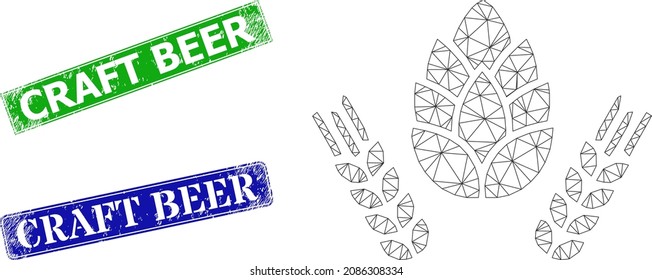 Network barley and hop image, and Craft Beer blue and green rectangle textured seals. Mesh carcass image based on barley and hop icon. Seals have Craft Beer tag inside rectangular frame.