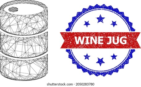 Network barrel model icon, and bicolor unclean Wine Jug stamp. Flat model created from barrel icon and intersected lines. Vector seal with grunge bicolored style,