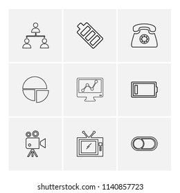 network  battery telephone  low battery  button  toggle  pie chart  camcoder graph  tv icon vector design  flat  collection style creative  icons