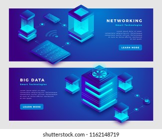Network and big data concept. Landing page banner template. 3d isometric vector illustration.