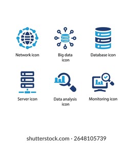 Rede, Big data, Banco de dados, Servidor, Análise de dados, ícone Monitoramento