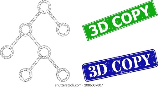 Network binary chart links image, and 3D Copy blue and green rectangle dirty watermarks. Mesh wireframe image is based on binary chart links icon. Stamps have 3D Copy caption inside rectangle frame.