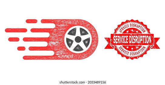 Network bolide wheel icon, and Service Disruption textured ribbon stamp seal. Red stamp seal includes Service Disruption text inside ribbon.