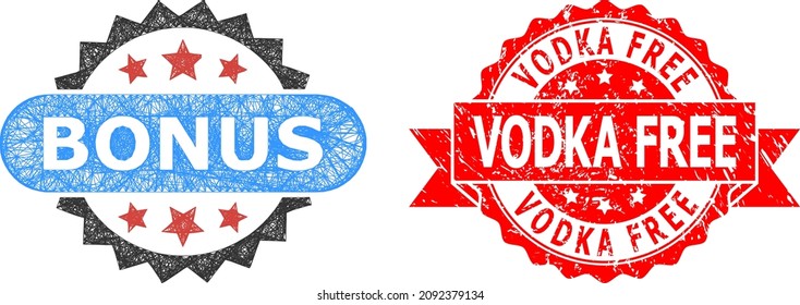 Network bonus tag icon, and Vodka Free scratched ribbon stamp seal. Red stamp seal includes Vodka Free title inside ribbon.Geometric wire frame flat network based on bonus tag icon,