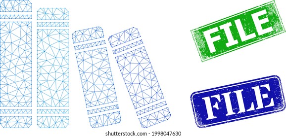 Imagen de libros de red y sellos rectangulares de textura azul y verde de archivo. Imagen de trama poligonal basada en el pictograma de libros. Los sellos incluyen la etiqueta Archivo dentro de la forma rectangular.