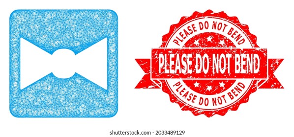 Network bow tie icon, and Please Do Not Bend corroded ribbon stamp. Red stamp seal includes Please Do Not Bend caption inside ribbon.Geometric hatched carcass 2D network based on bow tie icon,