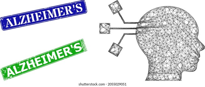 Network brain connection model, and Alzheimer'S blue and green rectangle rubber stamp seals. Polygonal carcass symbol designed with brain connection icon.