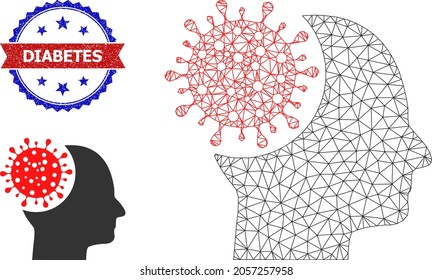 Network brain virus wireframe illustration, and bicolor rubber Diabetes stamp. Polygonal wireframe image designed with brain virus pictogram.