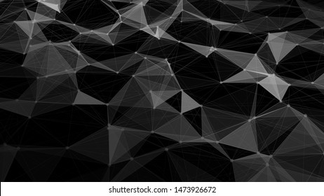 Network of bright connected dots, lines and triangles. Gradient wave on black background. Abstract digital background. Futuristic vector illustration.