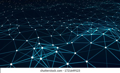 Network of bright connected dots and lines. Abstract dynamic wave. Detailed lines forming an abstract background