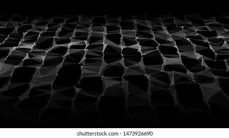 Network of bright connected dots and triangles. Gradient wave on black background. Abstract digital background. Futuristic vector illustration.