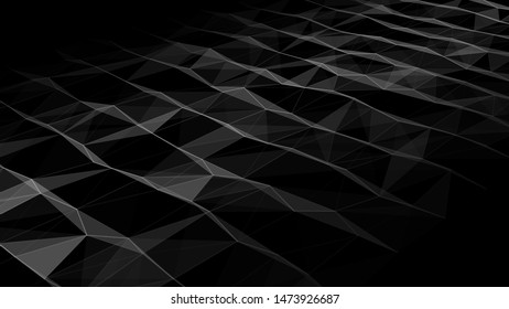 Network of bright connected lines and triangles. Gradient wave on black background. Abstract digital background. Futuristic vector illustration.