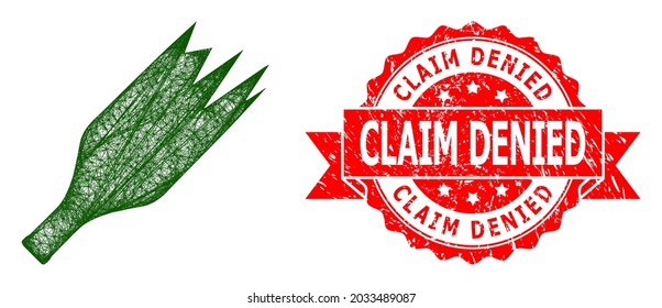 Network broken wine bottle icon, and Claim Denied unclean ribbon stamp seal. Red stamp seal contains Claim Denied caption inside ribbon.