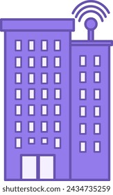 Network Building Color Icon. Vector Icon of a High Multi-Storey Building with an Antenna Distributing Internet. Smart House. Technology Concept