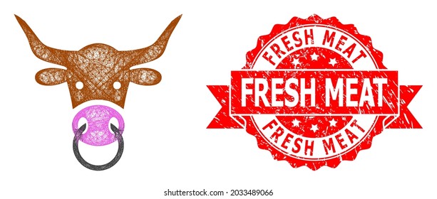 Network bull head icon, and Fresh Meat grunge ribbon stamp seal. Red stamp seal has Fresh Meat title inside ribbon.Geometric wire carcass 2D net based on bull head icon,