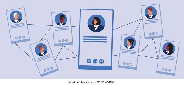 Network Of Business Communications Online, Flat Vector Stock Illustration As Concept Of Conferences And Networking, People Of Different Ethnicities, Gender, Age