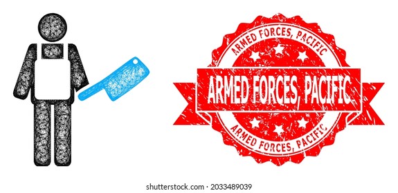 Network butcher icon, and Armed Forces, Pacific corroded ribbon stamp seal. Red stamp seal contains Armed Forces, Pacific title inside ribbon.Geometric linear carcass 2D network based on butcher icon,