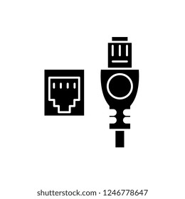 Network cable and socket black icon, vector sign on isolated background. Network cable and socket concept symbol, illustration 