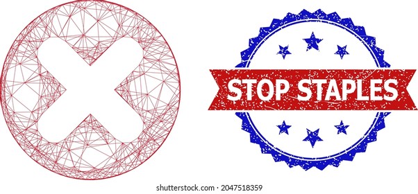 Network cancel carcass illustration, and bicolor grunge Stop Staples seal. Flat carcass created from cancel icon and crossing lines. Vector seal with scratched bicolored style,