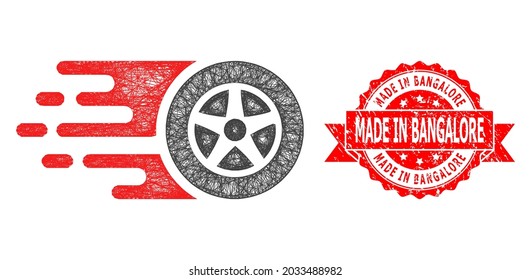 Network car wheel icon, and Made in Bangalore unclean ribbon seal. Red stamp seal has Made in Bangalore text inside ribbon.Geometric linear frame flat network based on car wheel icon,