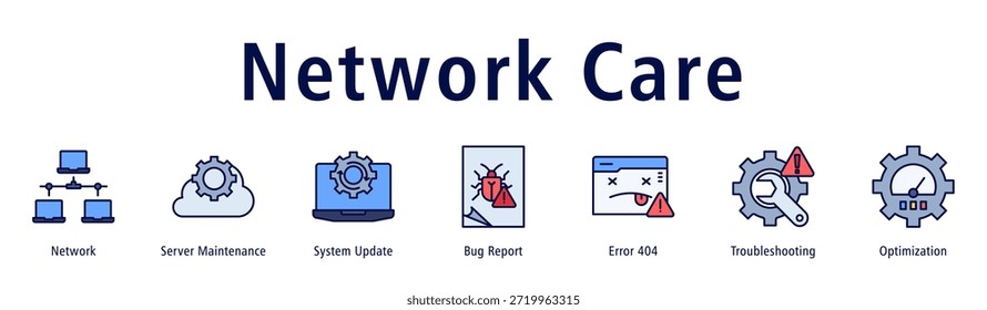Banner do Network Care com ícones de Network, Server Maintenance, System Update, Bug Report, Error 404, Troubleshooting and Otimization (Rede, Manutenção do Servidor, Atualização do Sistema, Relatório de Erros, Erro 404, Solução de Problemas e Otimização).