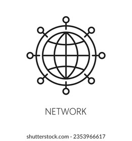 Network. CDN. Content delivery network icon, web media file uploading service, website content delivery network and publishing system thin line vector icon with globe and Internet connection hosts